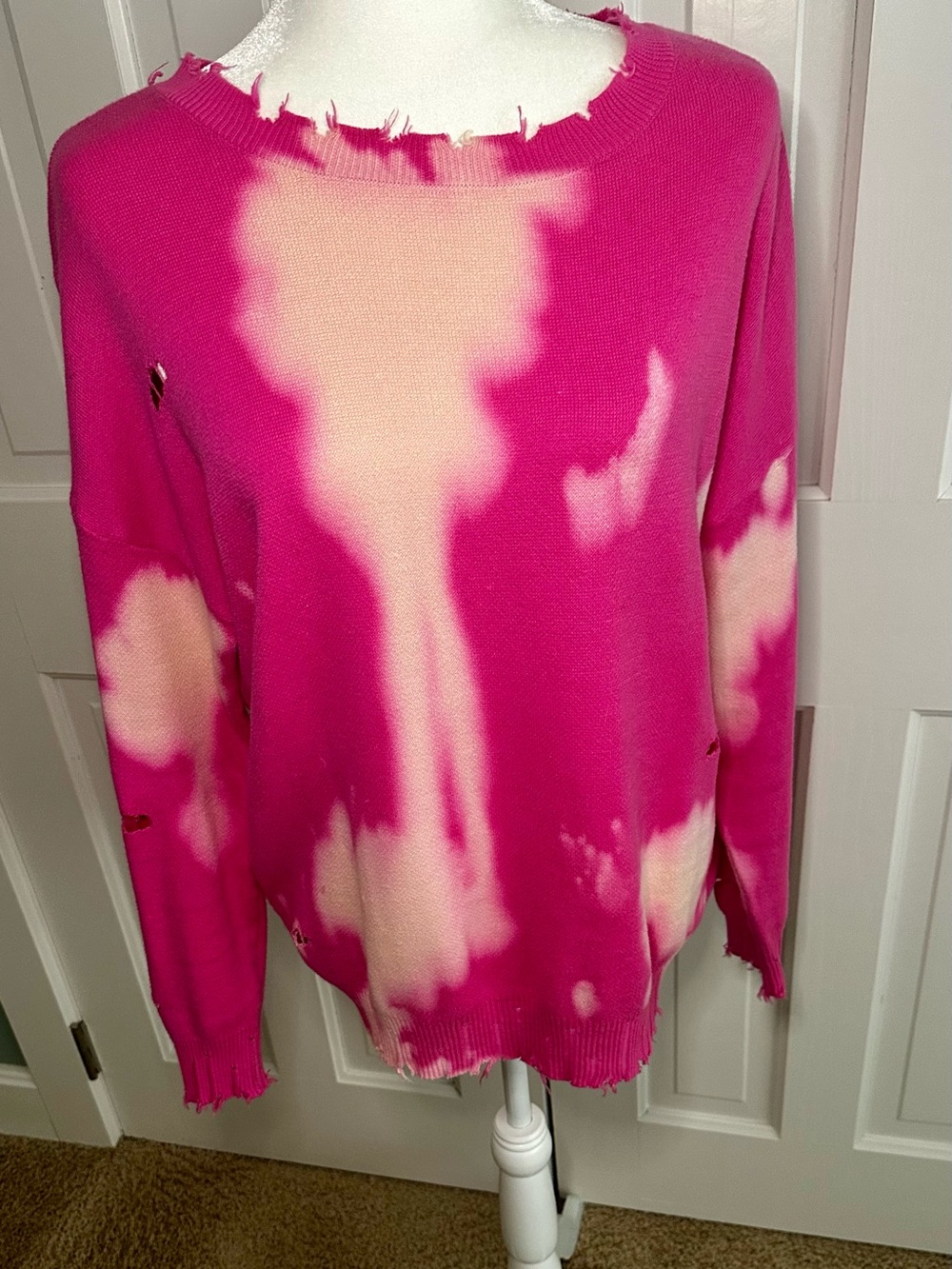 Fate Pink and Cream Tie-Dye Distressed Crewneck Sweater